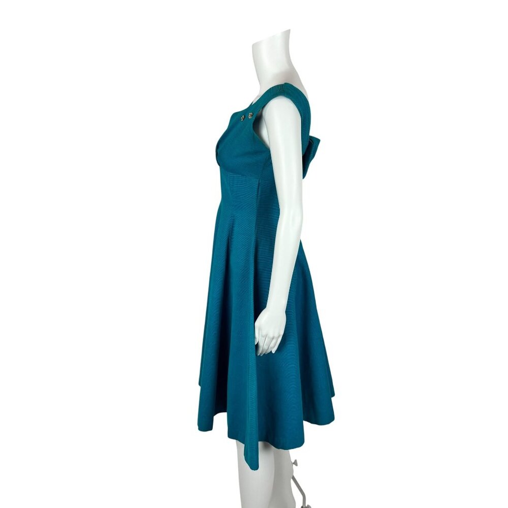 Vintage 50s Corduroy Dress Women's XXS Blue Bow Back Empire Bust Cocktail Fit & - Picture 6 of 10